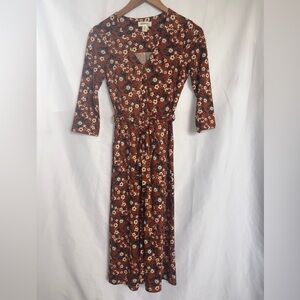 Monteau Rust Floral Midi Dress with Waist Belt & Pockets, Spring Dress, Casual